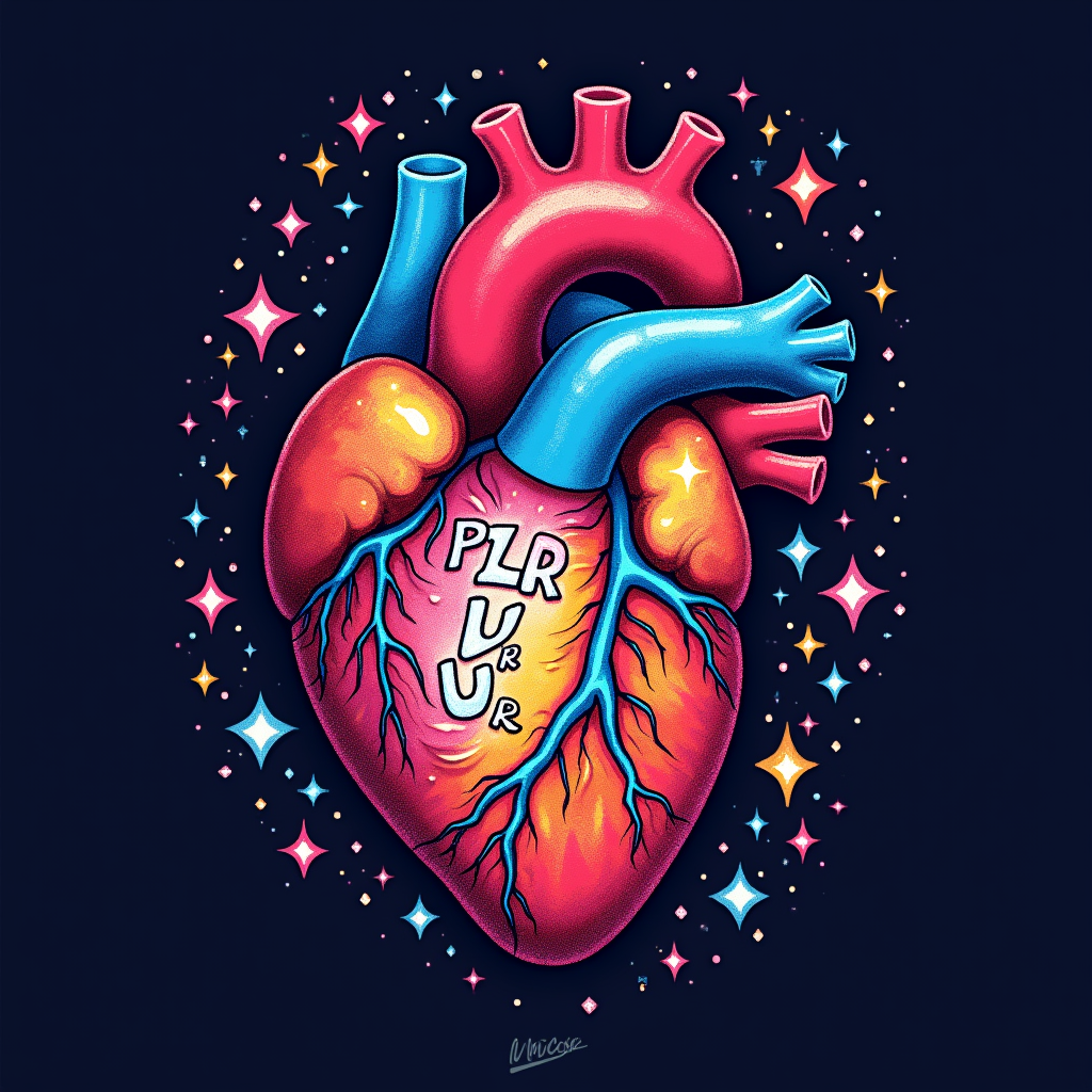 Spectrum Heart Chamber: An artistic representation of an anatomical heart where each chamber glows with a different color of the spectrum, creating a vibrant core. Abstract soundwaves or light rays in a heartbeat rhythm emanate from it. The letters P L U R subtly woven into the heart's structure or surrounding aura.