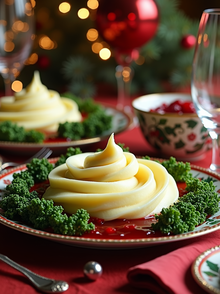 A festive holiday table adorned with mashed potatoes forming soft peaks, surrounded by cranberry sauce and vibrant green kale leaves.