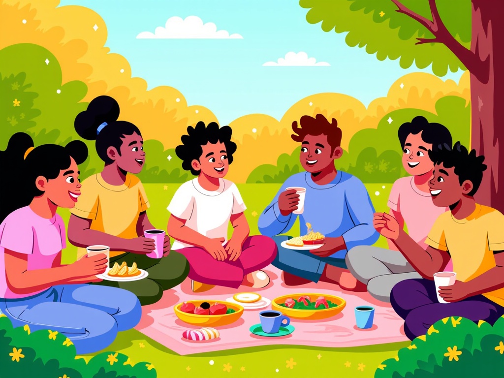  a group of seven children sitting on a blanket in a park. They are all smiling and enjoying a meal together. The children are of different ages and ethnicities, and they are sitting on the grass in front of a tree with yellow leaves. There are plates of food and cups of coffee on the blanket, and a basket of fruit and vegetables on the ground. The sky is blue with white clouds, and the park is filled with green grass and yellow flowers. The overall mood of the image is happy and relaxed.