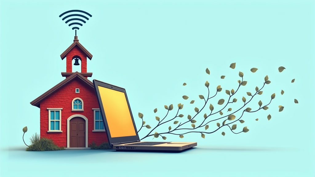 An image of a classic schoolhouse or book morphing into a laptop or tablet, with a connecting line or path styled like a Wi-Fi signal or a growing vine, symbolizing the evolution and connection between traditional and digital education.