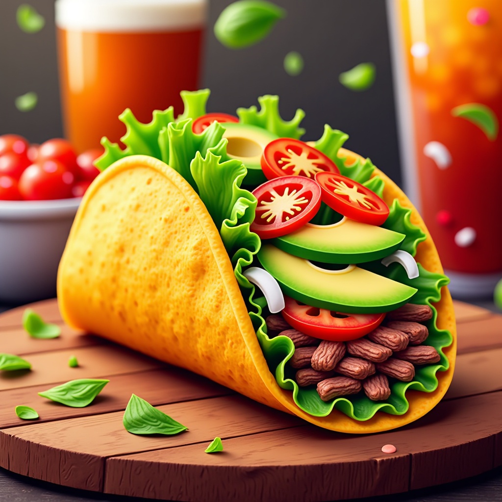  a taco on a wooden cutting board. The taco is filled with a variety of ingredients, including lettuce, tomatoes, avocado, and nuts. There are also some green leaves scattered around the taco. In the background, there is a glass of beer and a bowl of cherry tomatoes. The overall color scheme of the image is bright and vibrant.