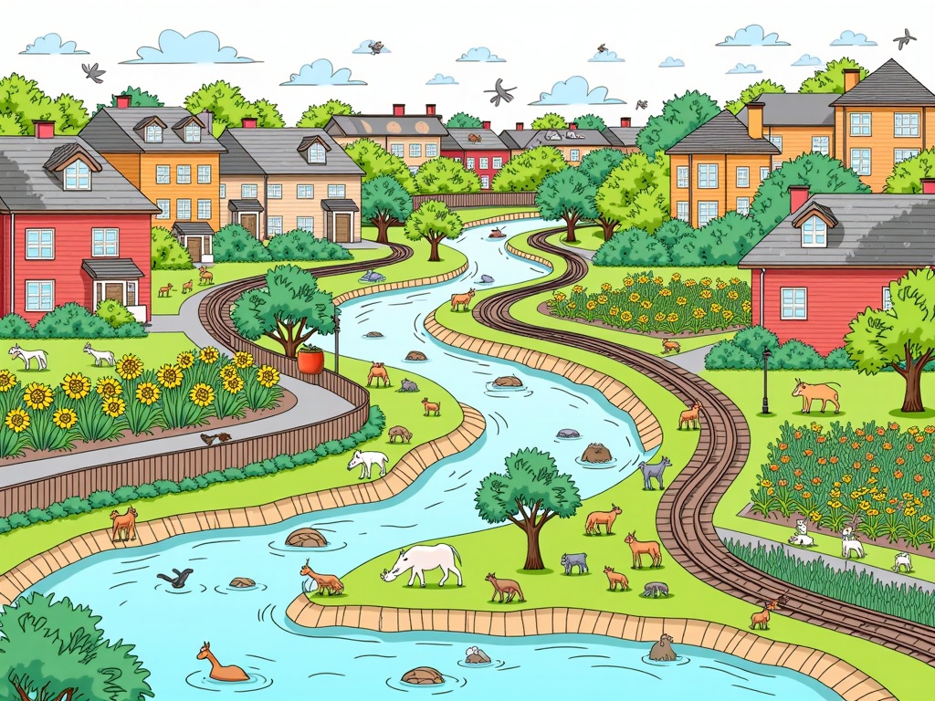Urban Ecosystems & Green Corridors: Illustrate how biodiversity can thrive even in urban environments through interconnected green spaces. Show green roofs, community gardens, wildlife corridors (like riverbanks or railway verges), and native plantings connecting parks, with diverse local wildlife utilizing these spaces. This highlights human agency in fostering ecosystem connections within developed areas.