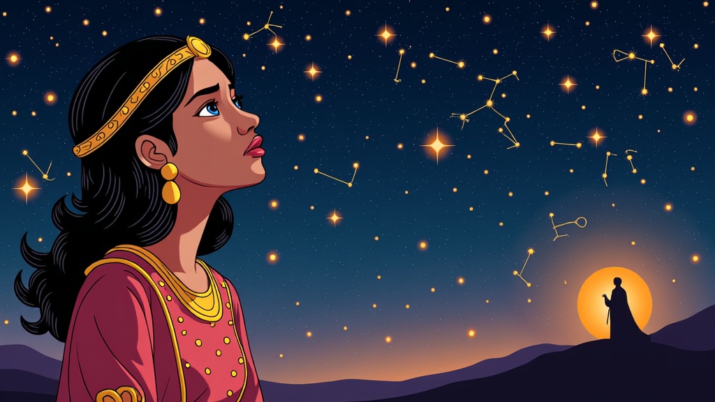 An illustration titled 'Celestial Narratives': Scheherazade is shown in profile or three-quarters view, gazing upwards thoughtfully towards a dynamic starry sky. The constellations themselves are subtly animated or highlighted to form or suggest characters and elements from her stories (e.g., a ship constellation for Sinbad, a scale for a story of justice). Her expression conveys deep connection and inspiration drawn from the cosmos, with the King perhaps visible as a rapt silhouette in the background.