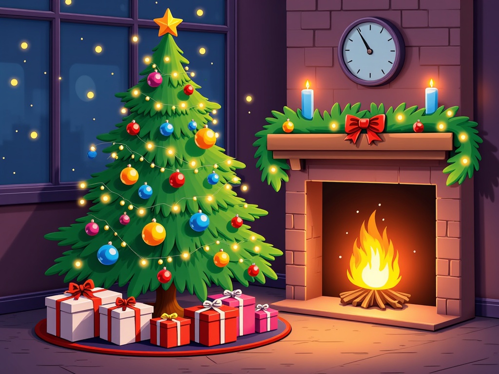 The image shows a cozy living room with a Christmas tree decorated with colorful balls, stars, and other festive items, surrounded by gift boxes on the floor. On the right side of the image, there is a fireplace with candles and a clock on the wall, and a window in the background. The image is animated, giving it a warm and inviting atmosphere.