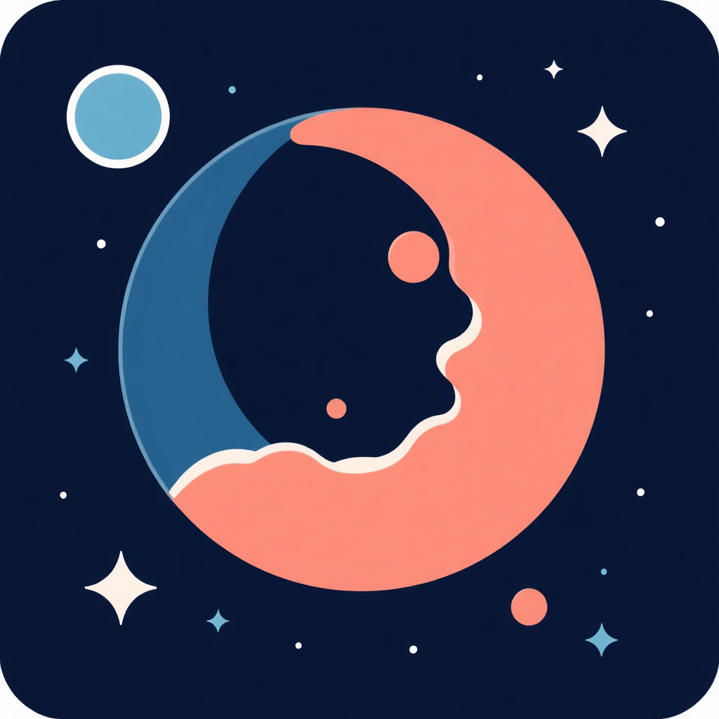 The image is an illustration of a crescent moon in a dark blue background with small white stars scattered around it. The moon is in the center of the image, with a pink and blue color scheme. On the left side of the moon, there is a small white circle, which appears to be the moon's shadow. The overall style of the illustration is flat and minimalistic.