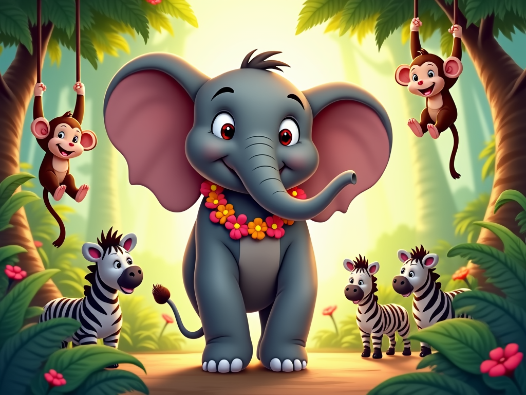 A cartoon of an elephant walking through the jungle, with other animals like monkeys and zebras.