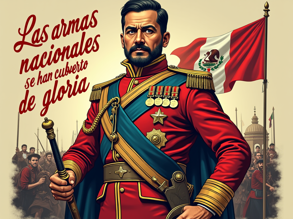 Sub-design 2: General Zaragoza Heroic Portrait - A T-shirt design with a stylized heroic portrait of General Ignacio Zaragoza, potentially with battle elements or a quote like 'Las armas nacionales se han cubierto de gloria' (The national arms have been covered in glory).