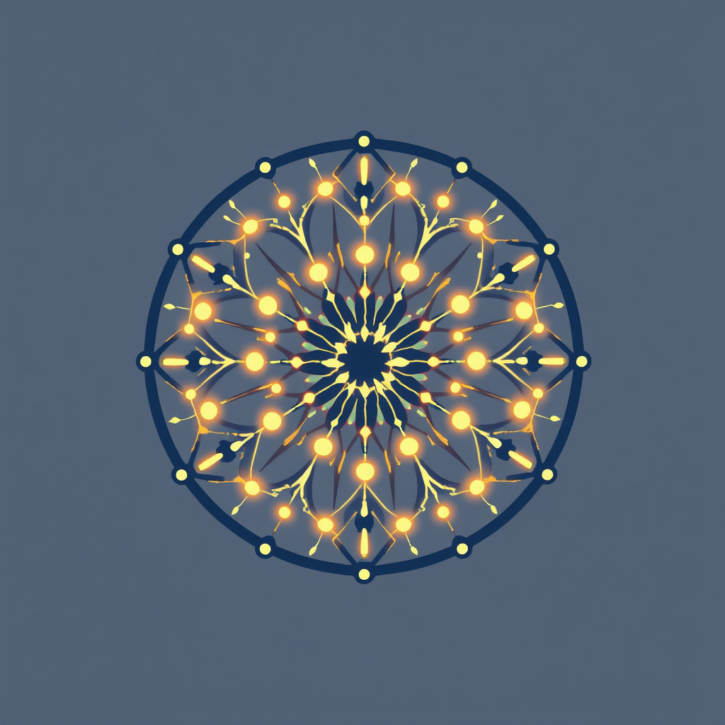 Neural Bloom Badge: Visualize stylized neural network pathways (nodes with glowing connections) forming an abstract 'bloom' or fractal pattern within a badge, symbolizing AI's emergent creativity.