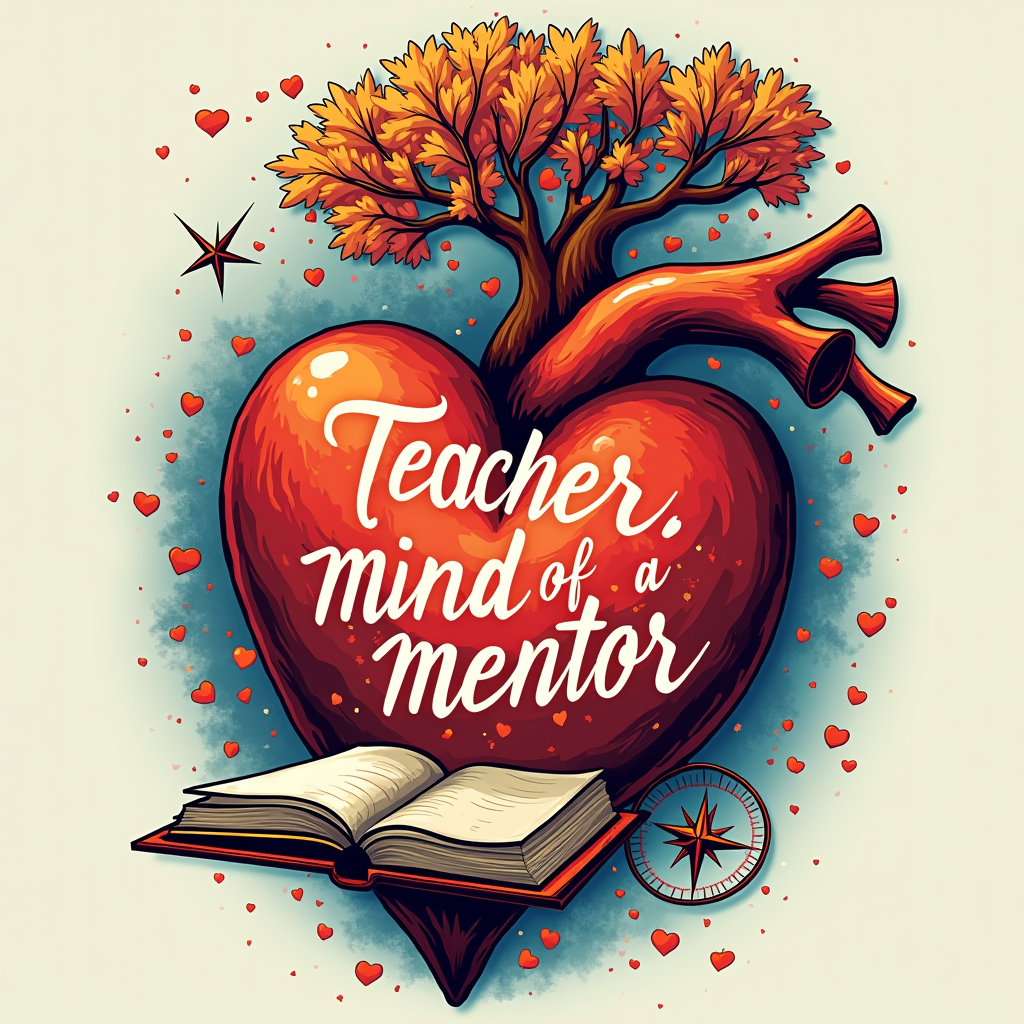 Design Idea 2 (Integrated Symbolism): A large, artistic heart. Within its form, elements like an open book, a guiding compass, or a stylized tree of knowledge subtly emerge, representing the 'Mind of a Mentor'. The full phrase 'Heart of a Teacher, Mind of a Mentor' is elegantly typeset around or within the heart.