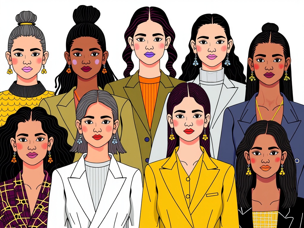 An illustrated series titled 'Faces of Fashion Week,' concentrating on diverse a nd expressive portraits of attendees, capturing their unique styles and personalities through detailed facial features and statement accessories.