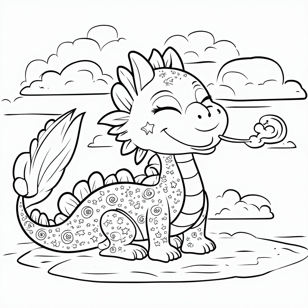 A whimsical dragon blowing gentle puffs of smoke, surrounded by fluffy cartoon clouds. The dragon's scales are intricately designed, featuring a combination of stars and spirals, inviting creativity in choosing colors. Its eyes are closed, giving a peaceful expression.