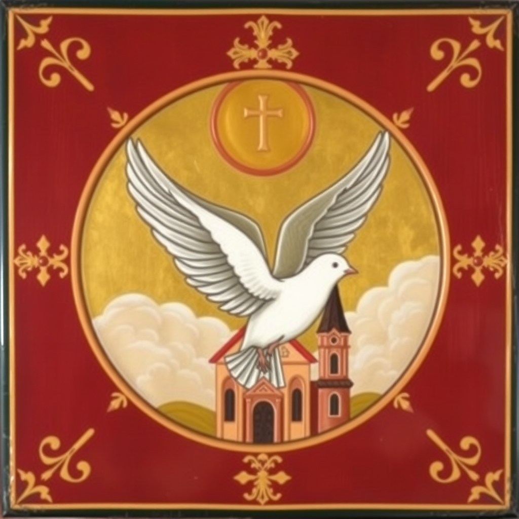 An icon that contains a dove and a church building.