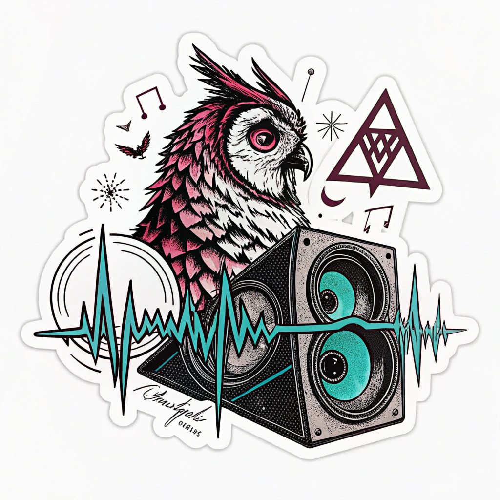 Glitch Wave Symbology: An edgy, abstract sticker design using distorted, fragmented subwoofer waveforms in a glitch art style. These fragmented waves could form a cryptic symbol, a bass clef, or even a stylized EDC owl, employing sharp angles, pixelation effects, and high-contrast neon colors on a dark background.