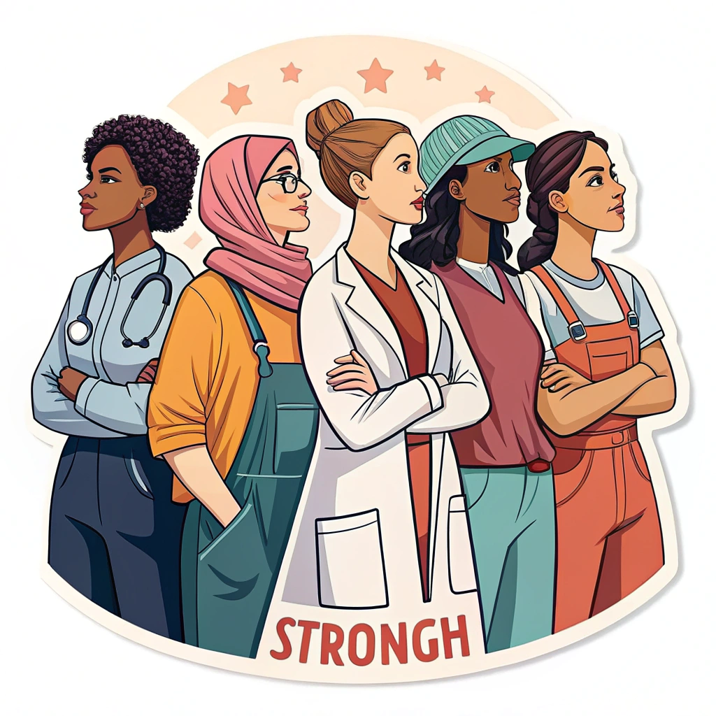 A logo showing diverse women of different ethnicities and professions standing shoulder-to-shoulder, creating a sense of strength and solidarity.