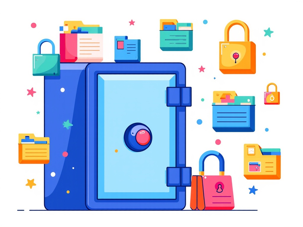 An illustration visualizing a child's data as securely locked files or within a digital safe, emphasizing data privacy regulations for minors online.