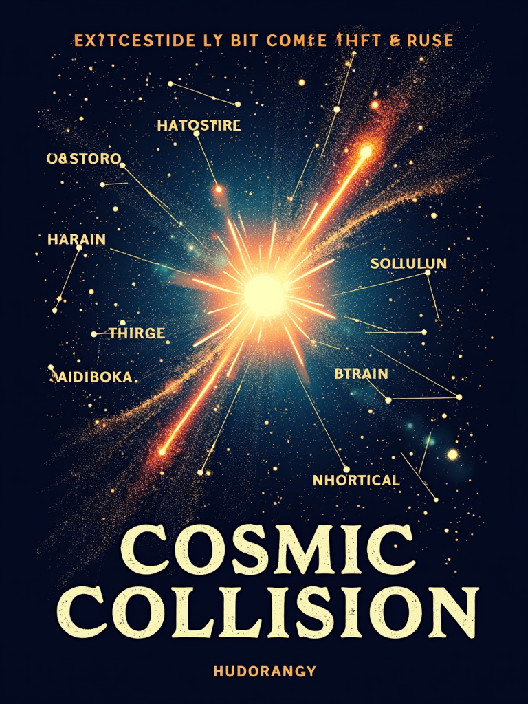 Lyrical Constellations & Cosmic Event: Key lyrical snippets from both artists form unique constellations against a deep space backdrop. A central, bright visual element (e.g., a stylized quasar, supernova, or energy burst) represents the 'Cosmic Collision'. Artist names prominently featured.