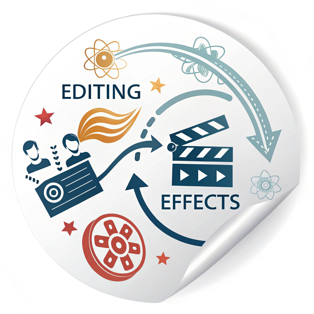 Abstract 'Tool Action' Icons: Represent creator actions like 'Editing' or 'Effects' with dynamic, abstract shapes and movements, such as a transforming swirl for 'Editing' or a particle burst for 'Effects', conveying energy.