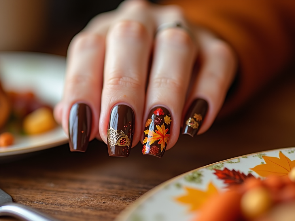 A set of nails decorated in rich chocolate brown hues with cornucopia symbols and a Thanksgiving feast pattern.