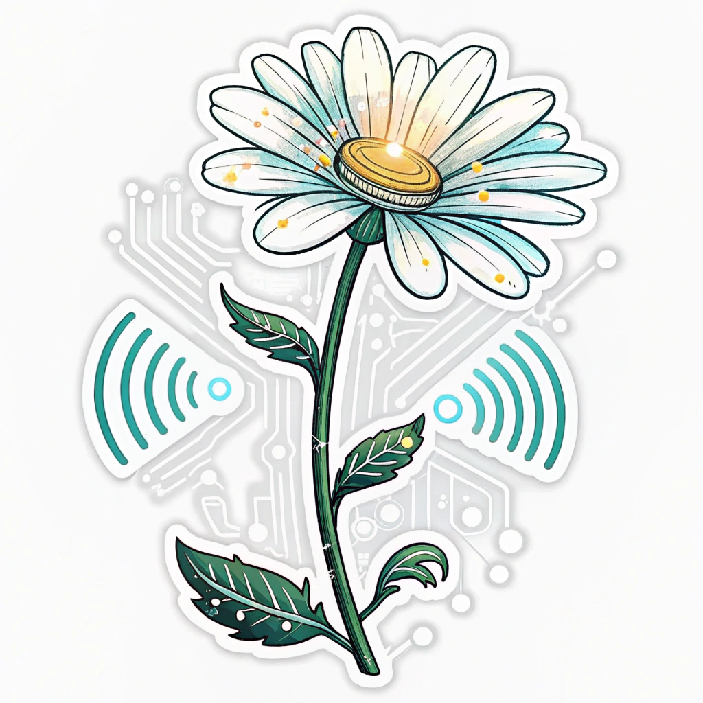 Floral Circuitry Bloom: A daisy reimagined with its petals and stem formed by glowing electronic circuit traces. The flower's center could be a bright, pulsating core, with subtle digital or soundwave patterns integrated into the neon floral design.