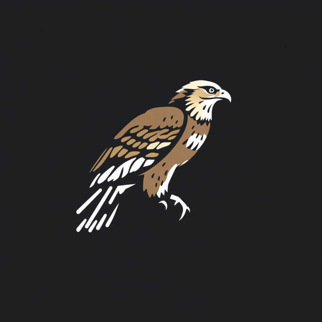 The image is a graphic illustration of a bird of prey, specifically an eagle. The bird is shown in a side view, with its wings spread wide and its head turned slightly to the side. It has a brown body with white markings on its wings and tail feathers. The eagle's beak is yellow and its eyes are black. The background is black, making the bird stand out. The image is simple and minimalistic, with no additional details or shading.