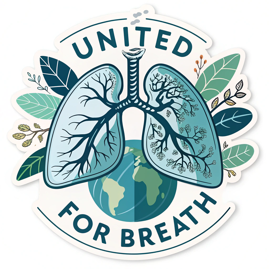 Sub Design Idea 1: A sticker featuring stylized lungs seamlessly integrated with a globe silhouette, with the text 'United for Breath' encircling the design or placed prominently below. Use calming blues and greens.