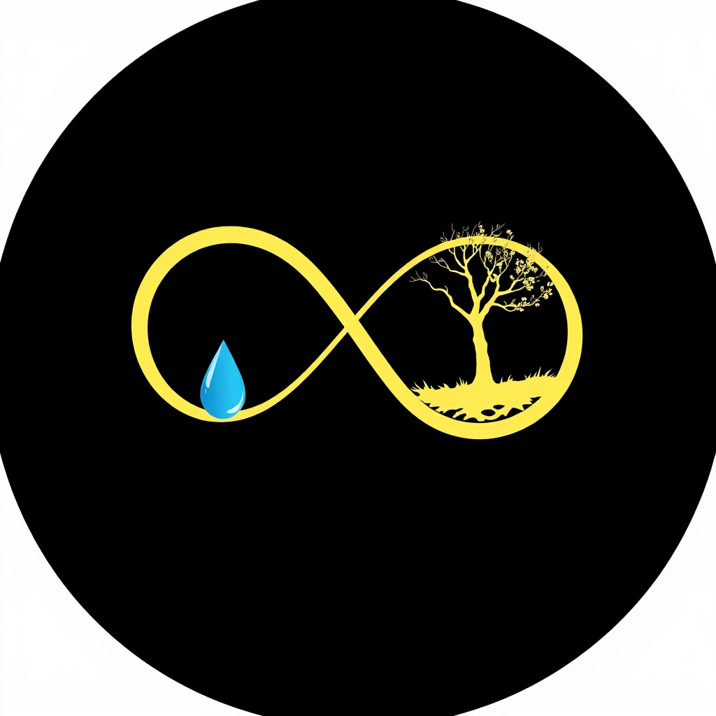 An infinity symbol (∞) formed by a continuous arrow. At one of the loops, the arrow's path incorporates elements like a water droplet or a tree silhouette changing from barren to leafy, signifying renewal within the endless cycle.