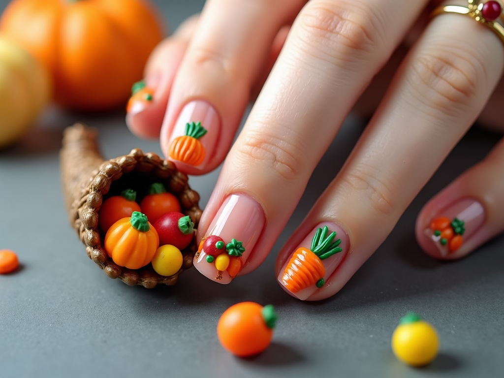 Detailed art on nails highlighting a harvest cornucopia bursting with tiny fruits and veggies, set against a soft slate gray.