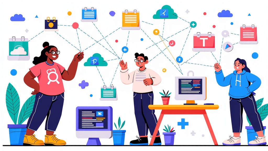 Collaborative Constellation: Depict a diverse group of developer characters working together. They could be connecting pieces of code, data streams, or ideas that form a larger, intricate 'constellation' representing a complex project or innovation built using Microsoft cloud and developer tools.