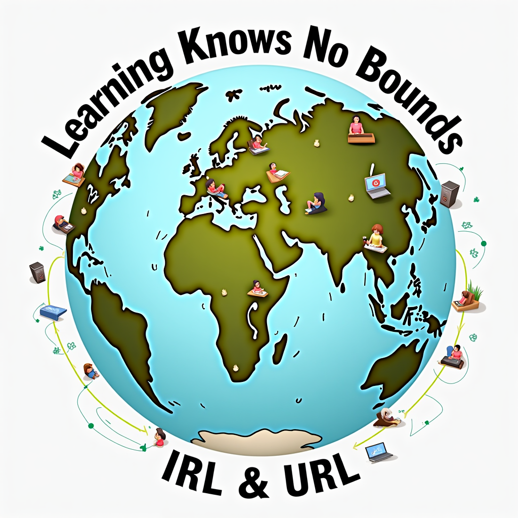 World of Learning: A globe graphic where some continents/countries are depicted with students in physical settings, and others are highlighted with digital connection lines and icons. The tagline 'Learning Knows No Bounds: IRL & URL' could encircle it.