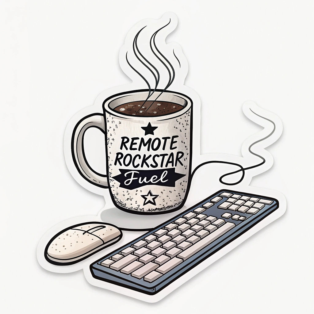 Sub Design Idea 5: A coffee mug with the phrase 'Remote Rockstar Fuel' and a keyboard.