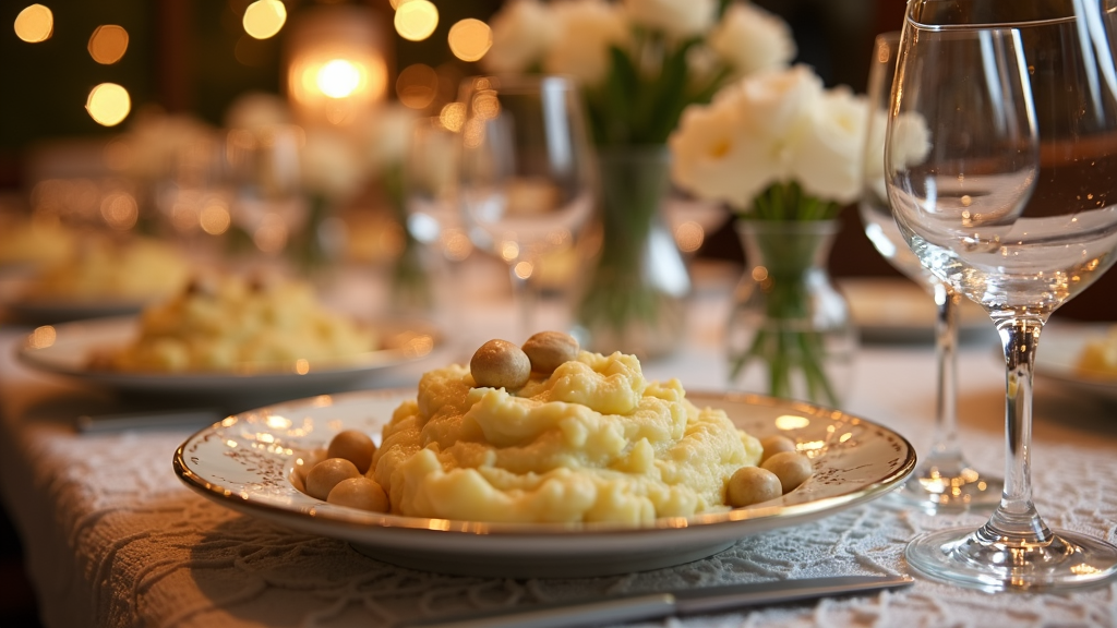 Dinner party setup showing mashed potatoes with roasted garlic pods around, with elegant wine glasses shimmering in soft lighting.