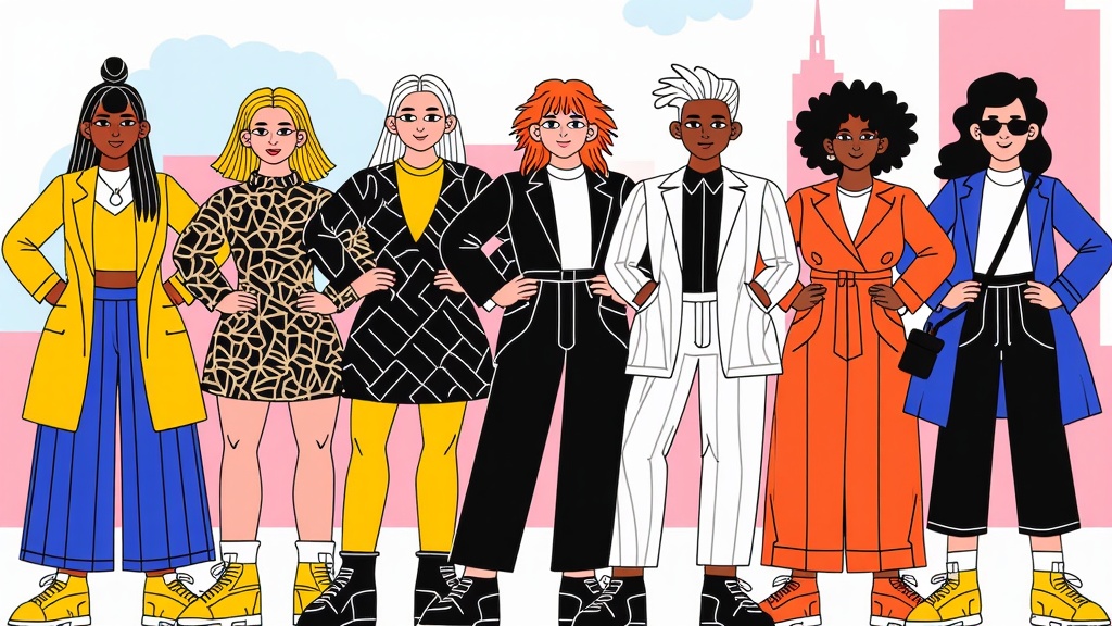 Street Style Chronicles: Illustrations of diverse, avant-garde street fashion moments outside NYFW shows, set against iconic NYC backdrops, emphasizing attendee attitude and style.