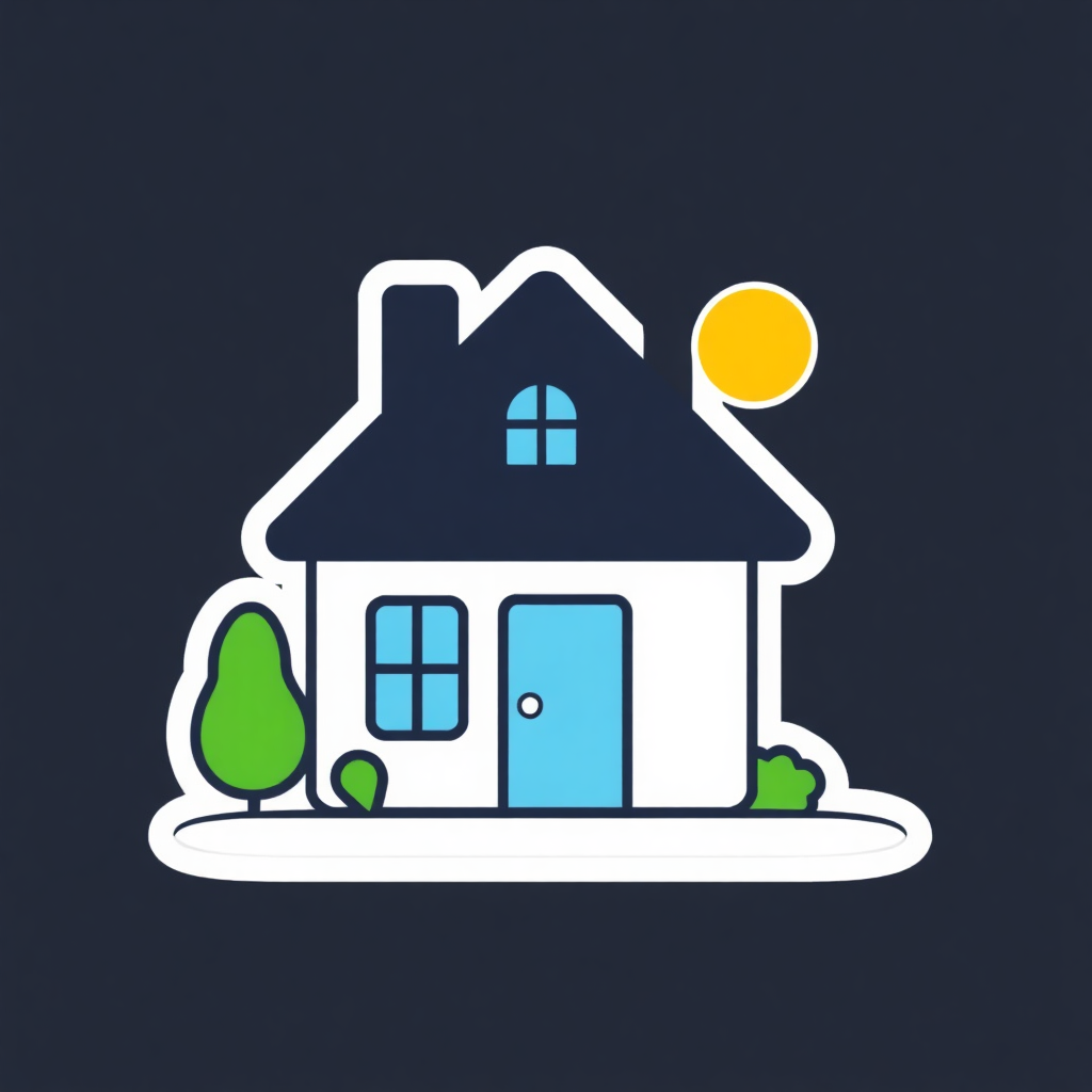 The image is a simple illustration of a small house with a blue roof and a blue door. The house is surrounded by two green trees on either side. The sun is shining brightly on the right side of the house, creating a warm and inviting atmosphere. The background is dark blue, making the house stand out. The overall design is simple and minimalistic.