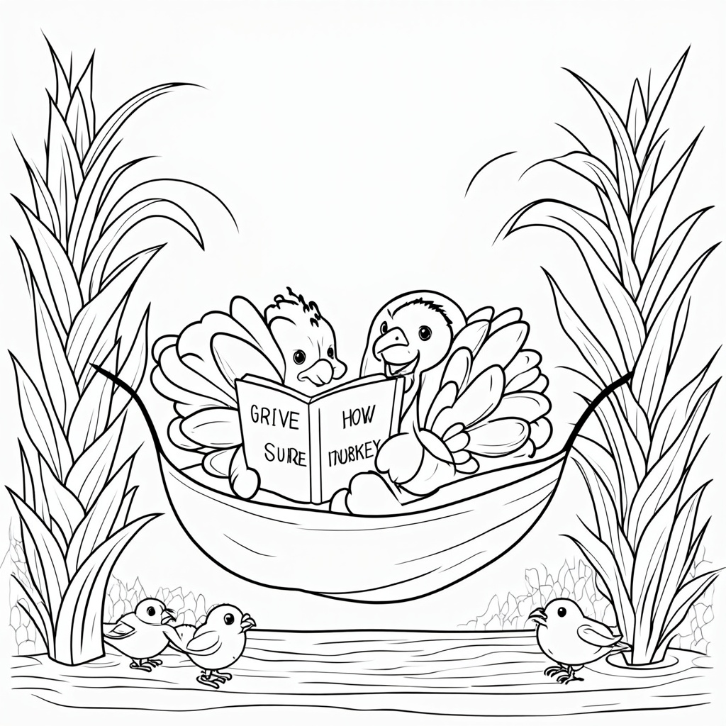 A cheerful cartoon turkey relaxing in a hammock strung between two corn stalks, holding a leisurely book titled 'How to Survive Thanksgiving,' while small birds nibble on nearby corn.