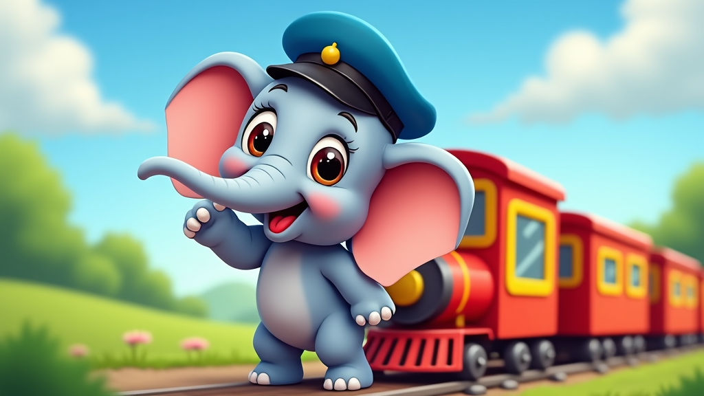 A cute cartoon elephant with large, expressive eyes, wearing a conductor's hat, standing next to a small train.