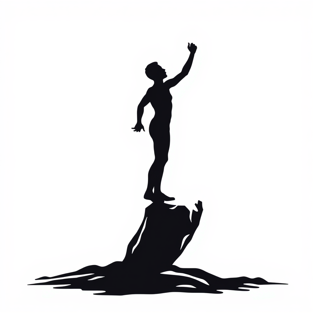 Ascending Silhouette: A human silhouette depicted in an upward, dynamic pose, appearing to emerge from or be sharpened by a grindstone that forms its base or is integrated into its lower half. This emphasizes growth and refinement through effort.