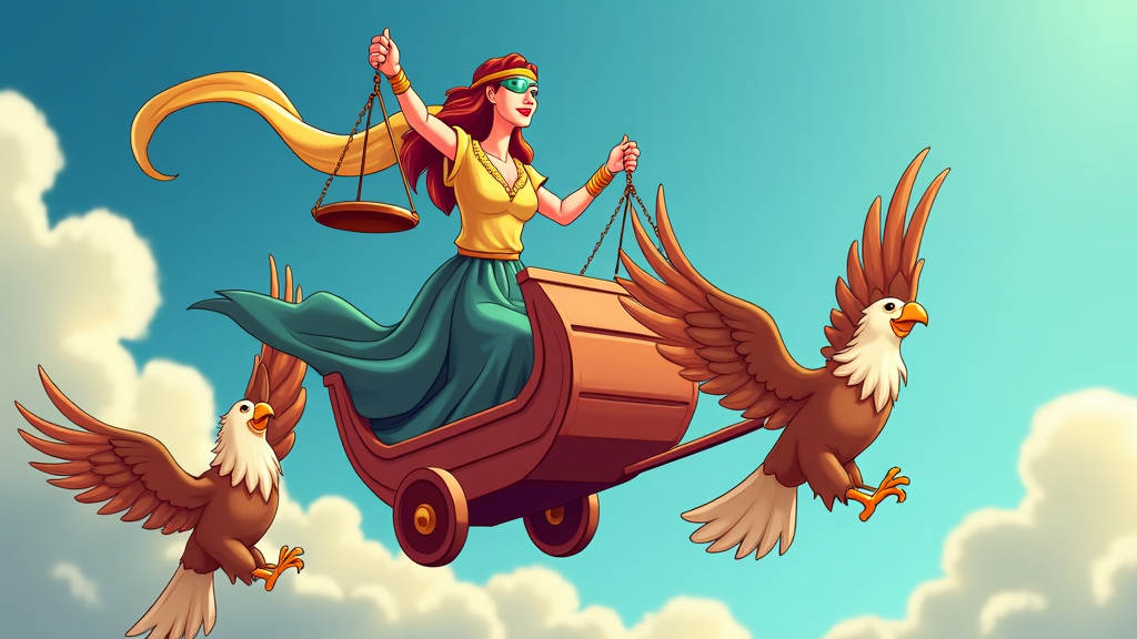 In this cartoon, Lady Justice rides a chariot pulled by cartoon eagles, her scales tilted upward with hints of blue skies and justice reaching new heights, her blindfold fluttering with empowering symbolism.