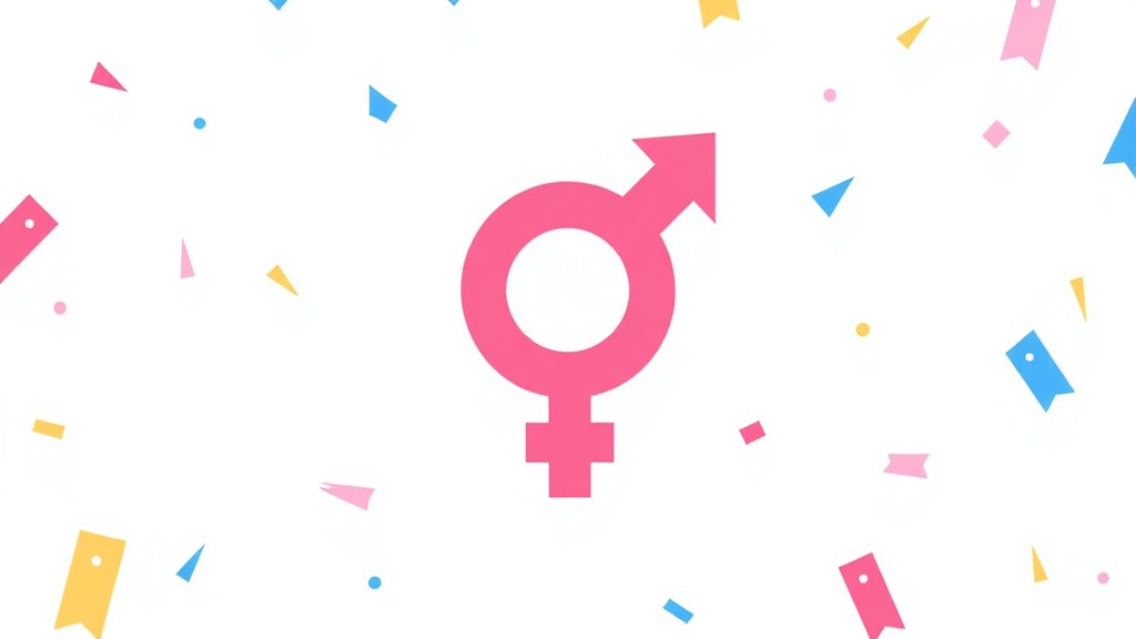 A simple graphic of the female symbol adorned with celebratory elements like confetti and ribbons.