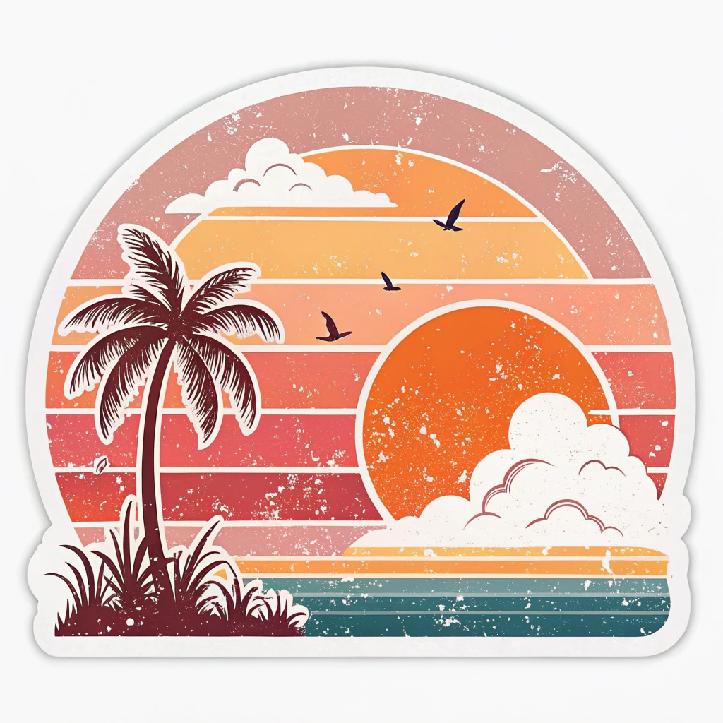 The image is a circular sticker with a colorful illustration of a tropical scene. The background is a gradient of orange, pink, and yellow, with a large orange sun in the center. The sun is surrounded by white clouds and there are a few birds flying around it. On the left side of the image, there is a palm tree with green leaves and a small island with palm trees and bushes. The bottom of the sticker has a striped pattern in shades of blue, green, and orange. The overall style of the illustration is vintage and retro.