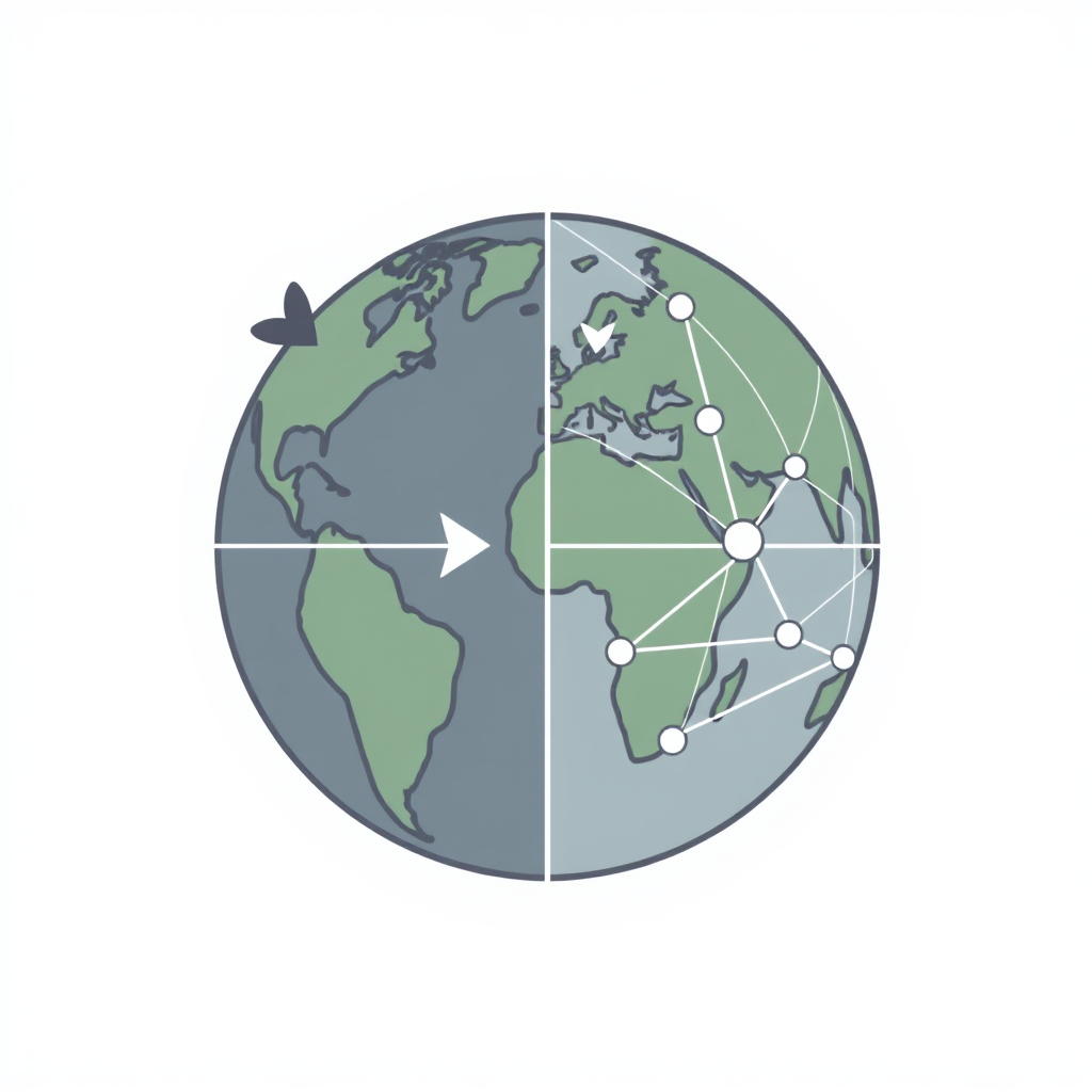 Sub-design 3: Isolated vs. Connected Globe. Protectionism: A globe segment with a barrier around it or inward-pointing, blocked arrows. Free Trade: A globe with multiple outward and inward flowing lines or interconnected nodes, showing global exchange.
