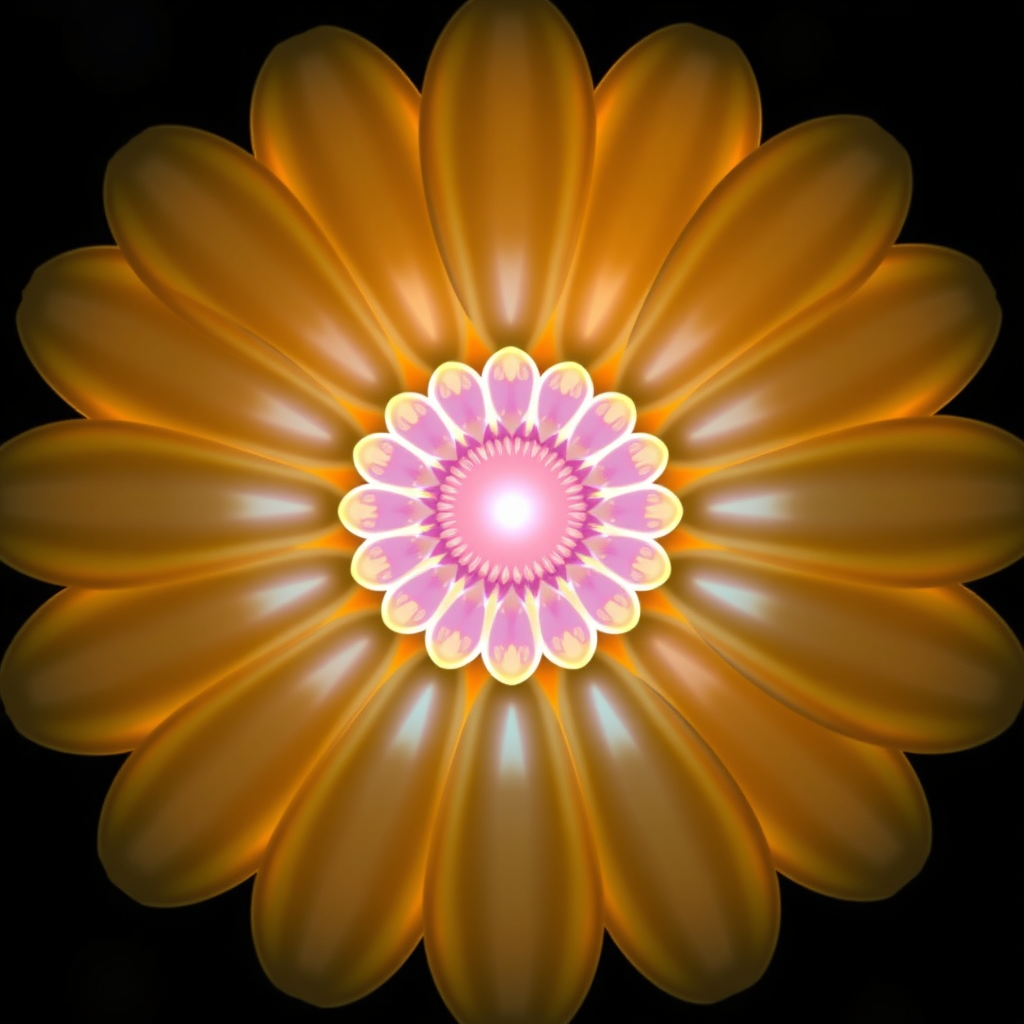 Sub-Design Idea 4 (Echoing Archway Daisy): Petals are shaped like concentric, glowing arches or iridescent doorways, creating a tunnel-like effect leading towards the daisy's luminous center. This gives a direct visual of an 'Ethereal Gateway'.