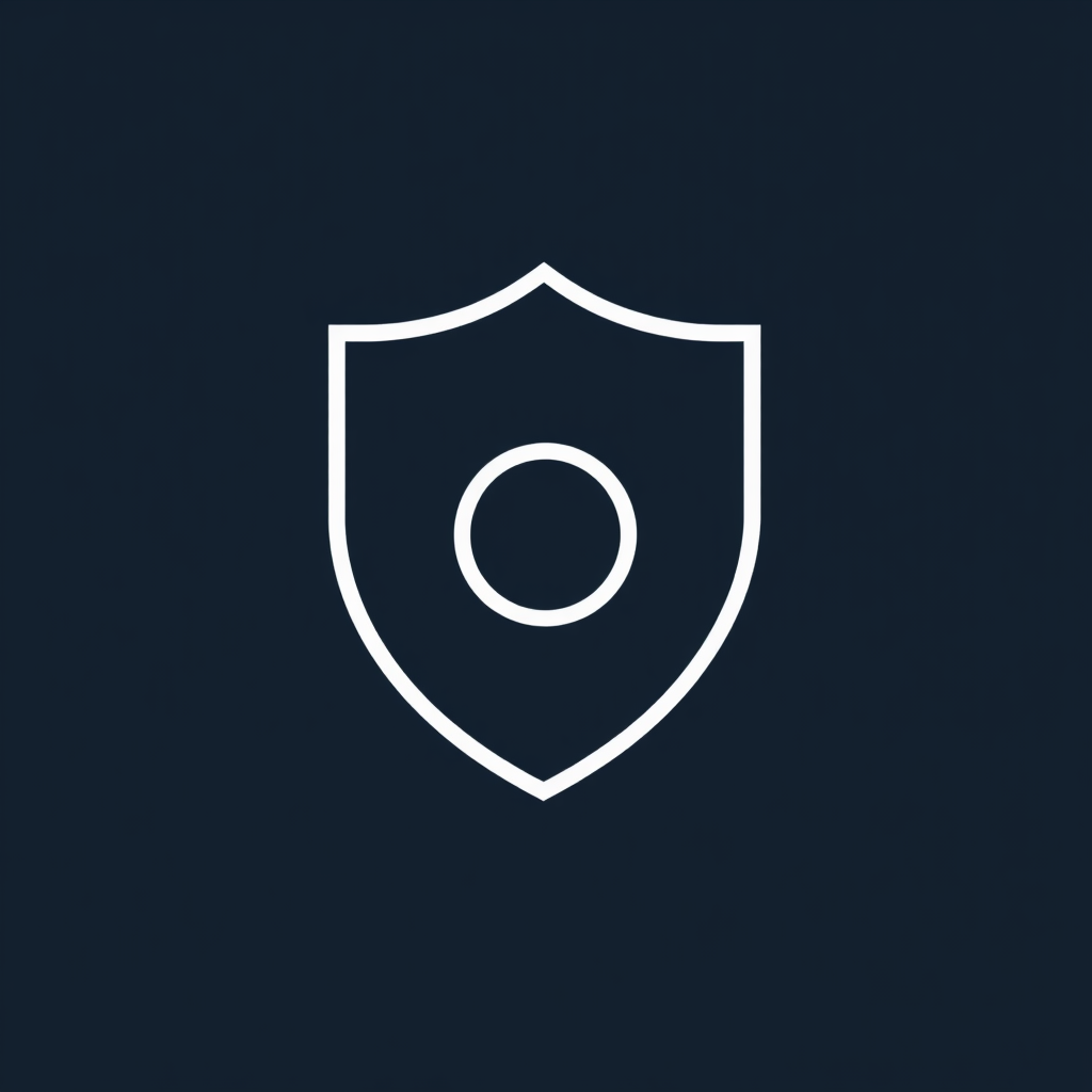 A simple, bold shield outline using a single line weight, encasing a single, small, centrally located circle. This icon conveys focused, fundamental protection.