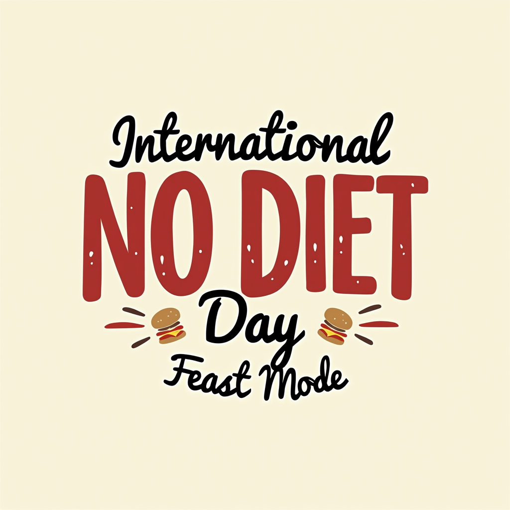 A logo design featuring 'International No Diet Day' in a celebratory, perhaps script font, with 'Feast Mode' in a strong, contrasting sans-serif below. A small, abstract graphic element like a starburst or a happy food item (e.g., a smiling burger) could be included.
