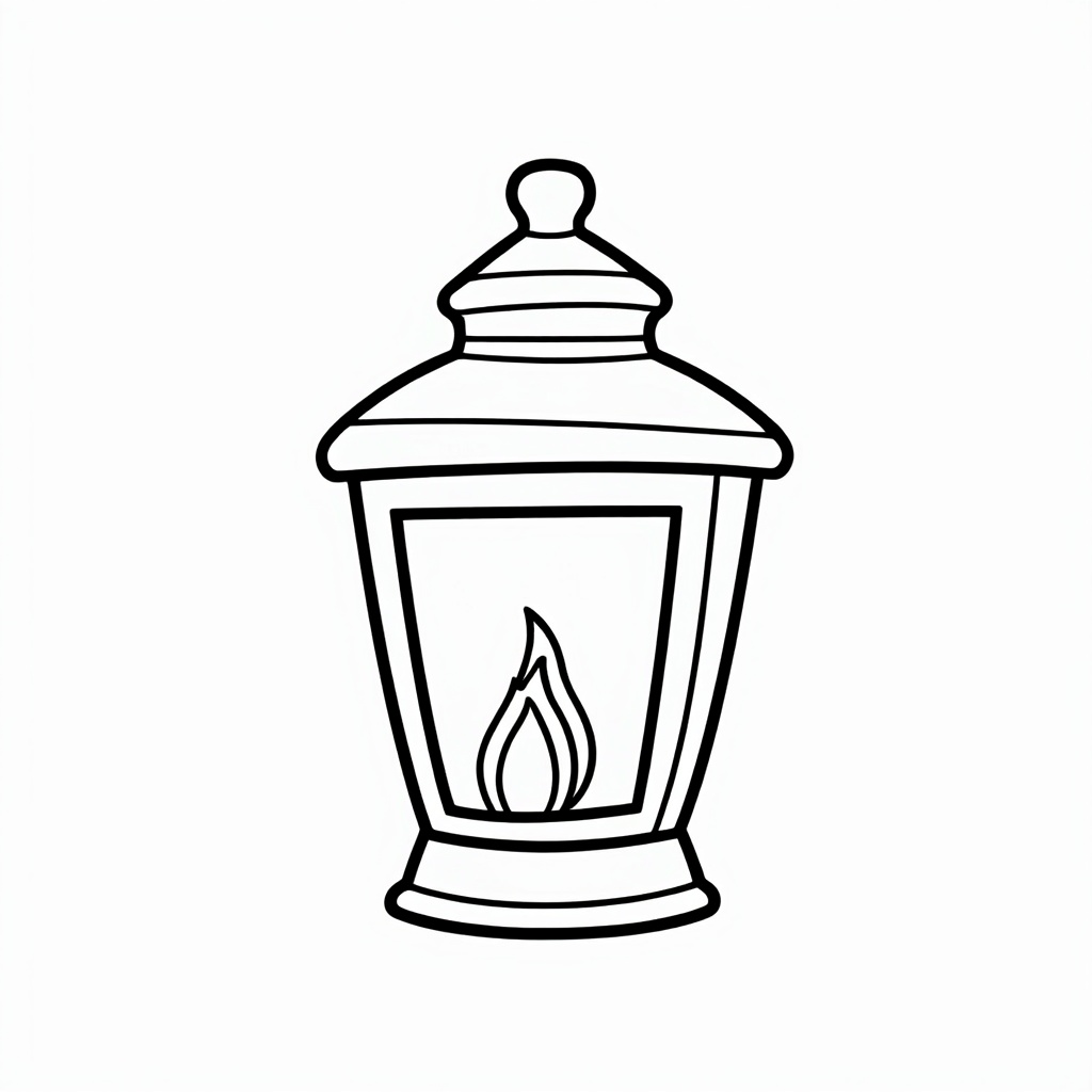 Simple Lantern Icon Page: A coloring page featuring a single, bold outline of a traditional lantern with a stylized flame inside. This simple design emphasizes the 'light' aspect and is easy to color, suitable as a recurring motif or a calming page for younger children.