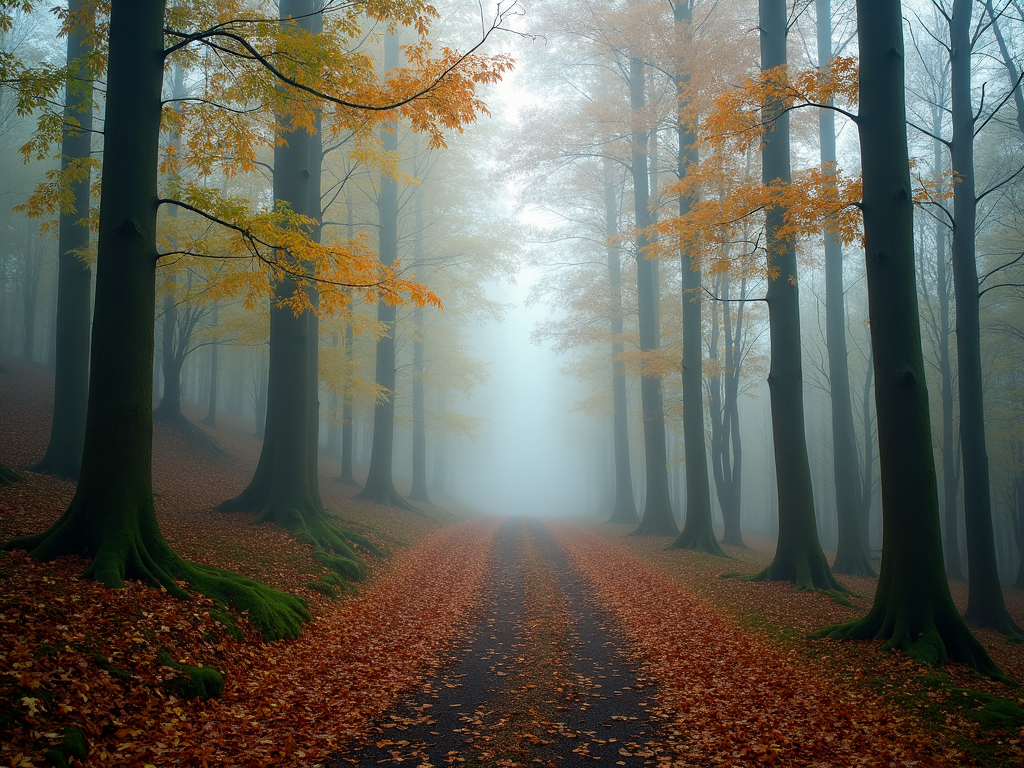 A misty morning reveals a winding trail through a forest, foliage overhead beginning to shed its summer green.