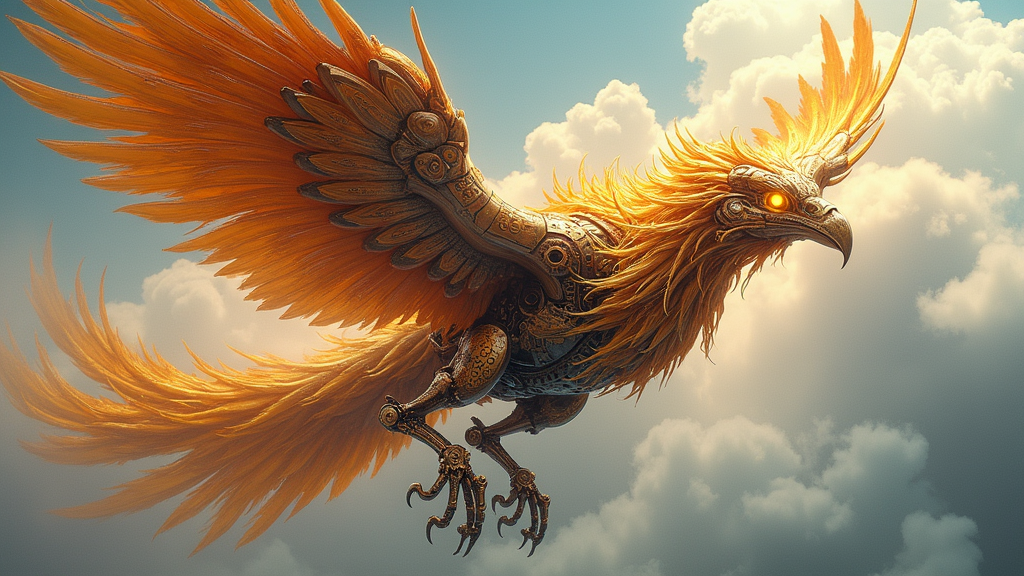 T-Shirt Design Idea 4: The Spirit Animal Machine. A detailed, artistic illustration of a single prominent mutant vehicle designed as a fantastical mechanical animal (e.g., metallic phoenix, robotic octopus).