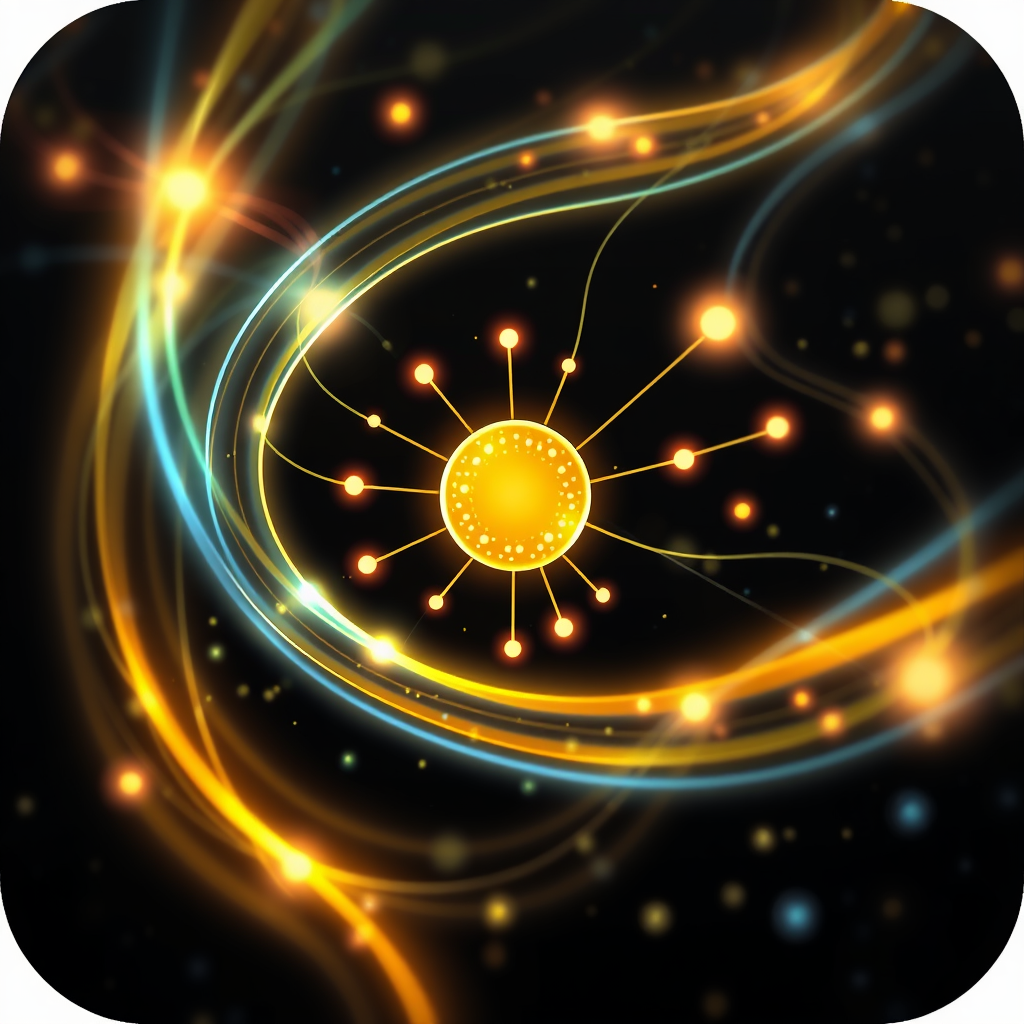 Luminous Data Streams & Particles: Icons that depict flowing streams of light or particles, symbolizing data processing and intelligent analysis. The 'cognitive core' could be a brighter, more condensed area from which these streams originate or converge. An 'upscaling' icon could show pixel-like particles coalescing into a sharper form.