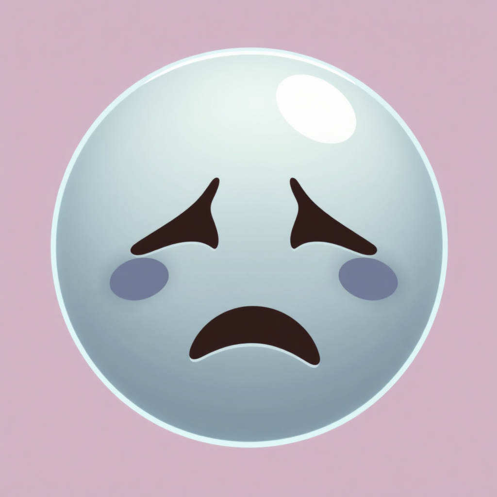 The image shows a white smiley face with a sad expression on a pink background.