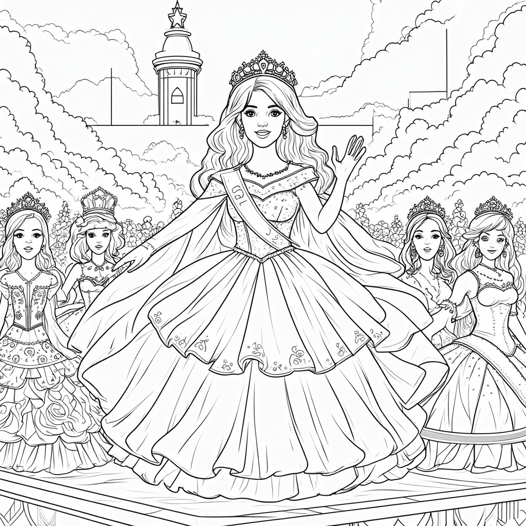 A coloring page depicting the Grand Floral Parade Queen and her court waving from their specially designed float, adorned with roses and symbols of Portland.