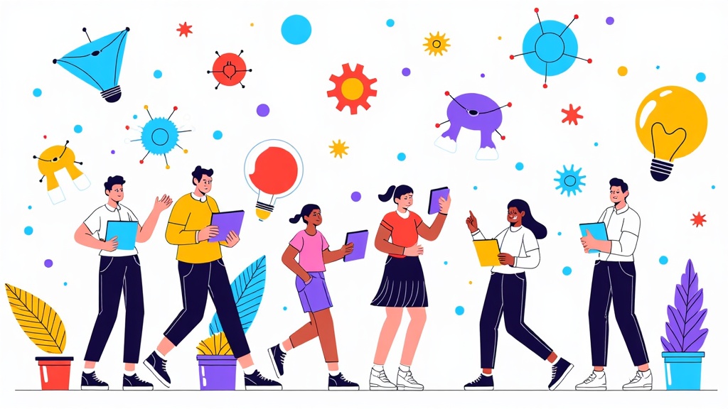 Illustrations depicting harmonious collaboration between human developers and abstract AI entities, using clean lines and Microsoft's color palette to show AI augmenting human capabilities.